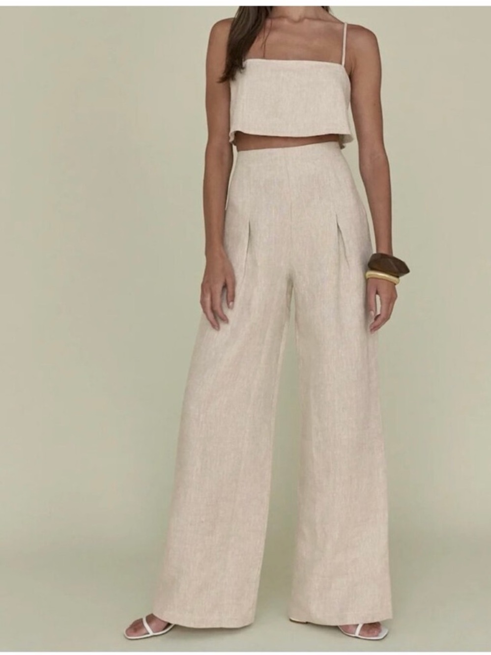 Reformation Cleo Linen Crop Top & Wide-Leg High-Rise Pants Set Oatmeal Size 2P